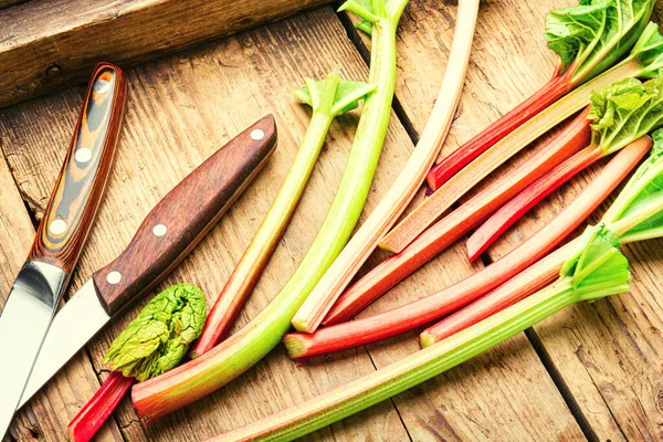 Fresh Rhubarb Stem Old Wooden Table Food Concept — Stock Photo, Image