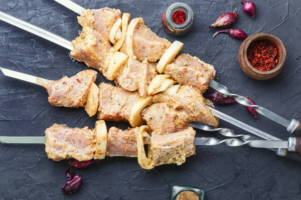 Rohes Fleisch Einer Grillmarinade Auf Spießen Ungekochte Fleischspieße Für Ein — Stockfoto