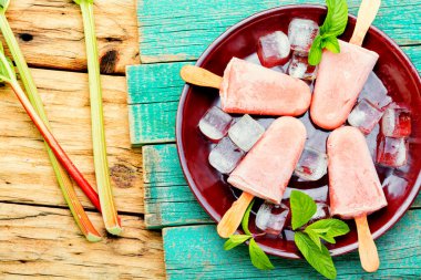 Rubarb ve naneli ev yapımı dondurma. Çubuklu ve buzlu dondurma.