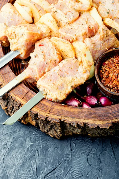 Carne Crua Uma Marinada Churrasco Espetos Espetos Carne Não Cozidos — Fotografia de Stock