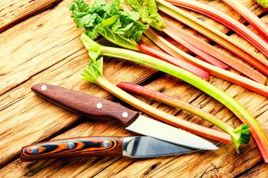 Eski ahşap masa üzerinde taze ravent sapı. Yiyecek konsepti.