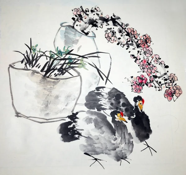 Китайская традиционная живопись курицы — стоковое фото
