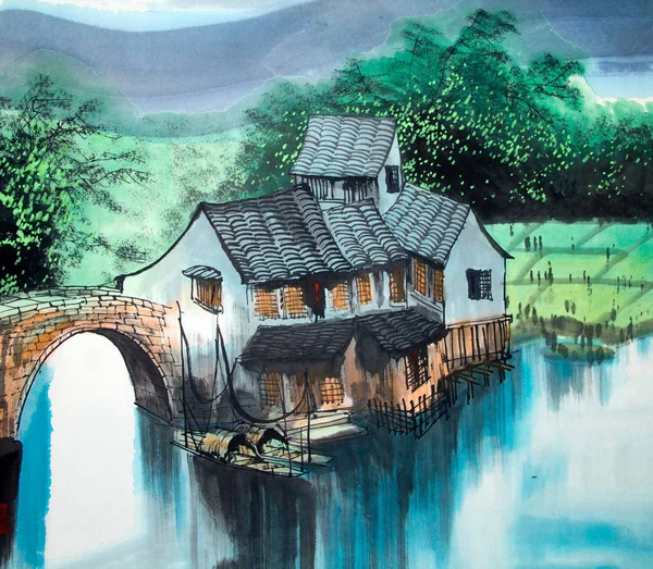 Chinese traditionele schilderkunst van water huis — Stockfoto
