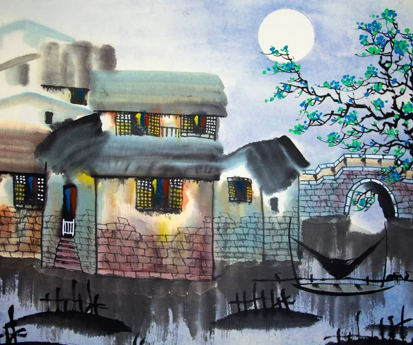Čínská tradiční malba vody domu — Stock fotografie