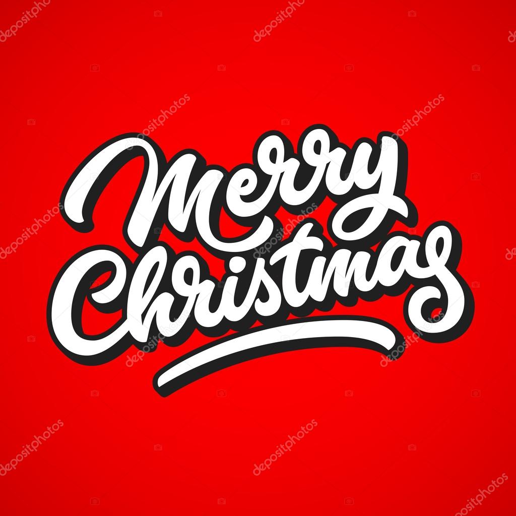 Merry Christmas, xmas badge with handwritten lettering, calligraphy with outline, block blended shade and red background for logo, banners, labels, postcards, prints, posters, web. Vector illustration