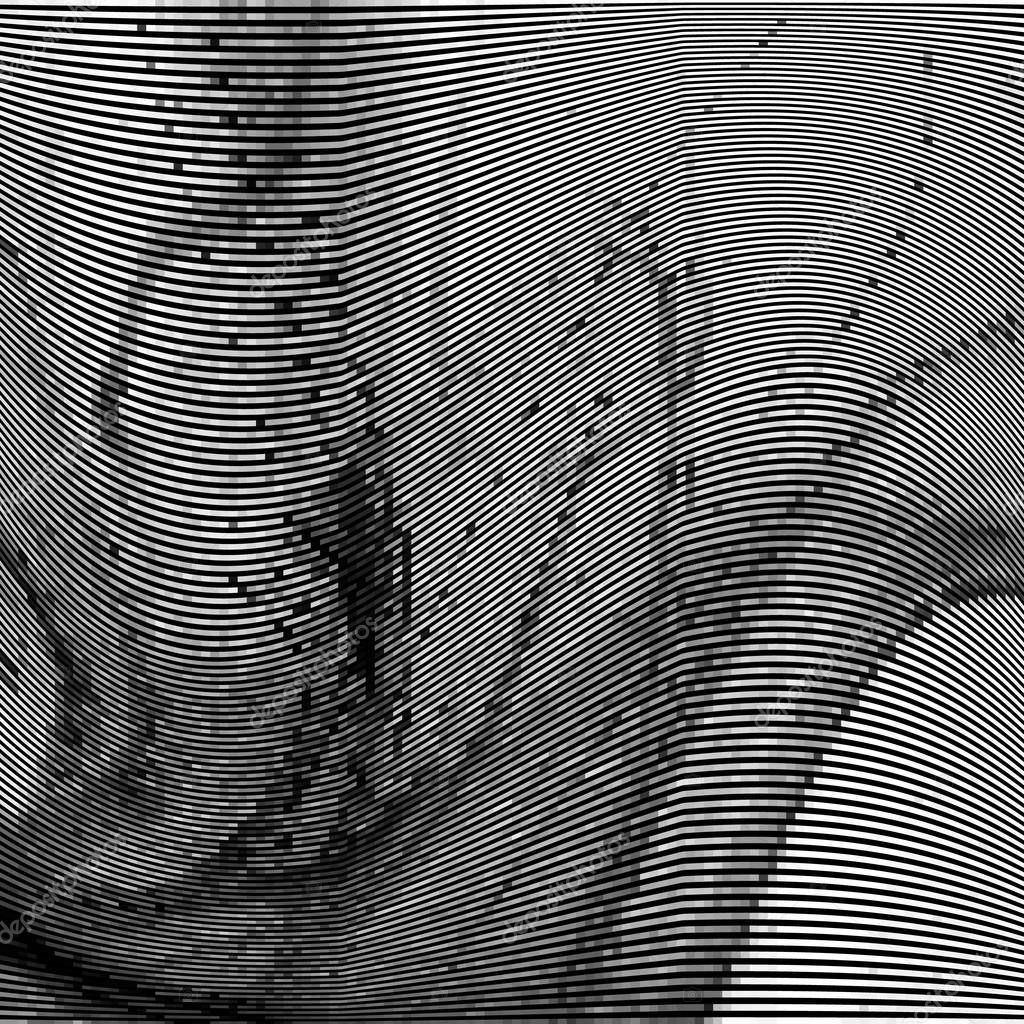 Glitch abstract background with distortion effect, bug, error, random wave black and white, monochrome lines for design concepts, posters, wallpapers, presentations and prints. Vector illustration.