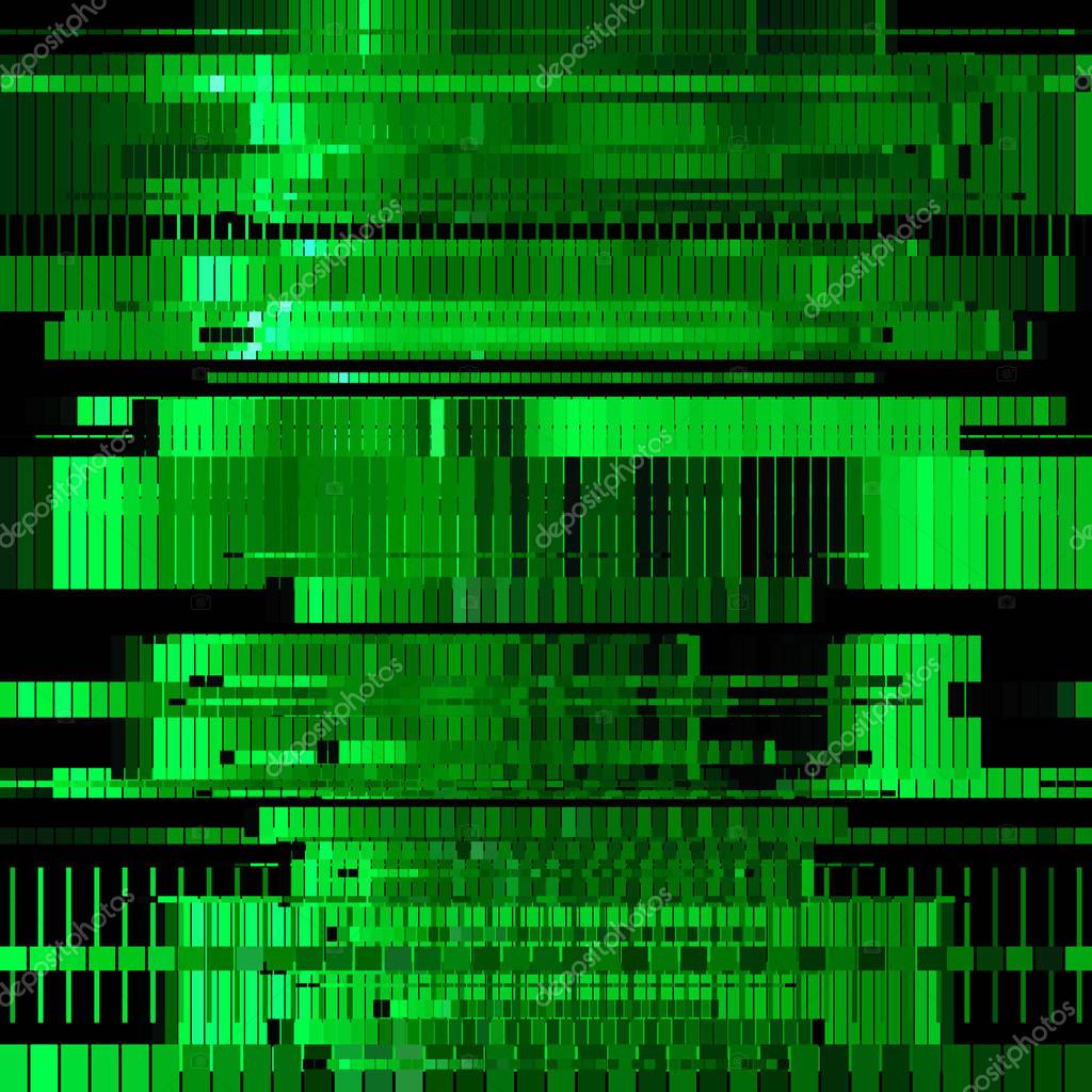 Glitch green abstract background with distortion, bug effect, random lines for design concepts, posters, wallpapers, presentations and prints. Vector illustration.
