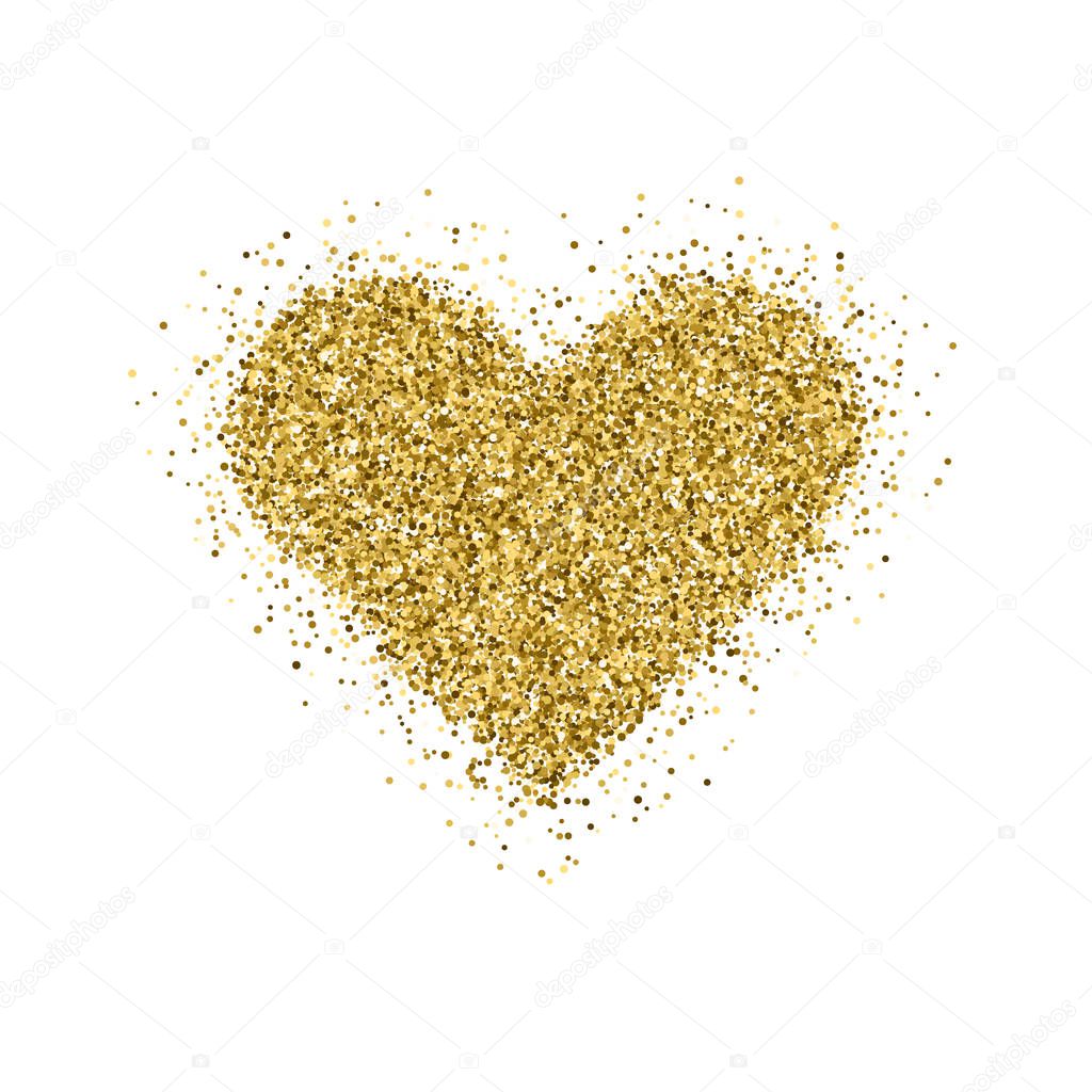 Gold glitter Valentines day heart sign badge with white background for logo, design concepts, banners, labels, postcards, invitations, prints, posters, web. Vector illustration.