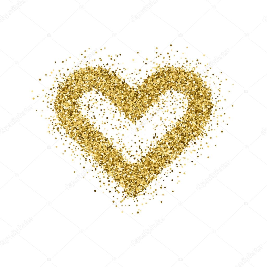 Gold glitter Valentines day heart sign badge with white background for logo, design concepts, banners, labels, postcards, invitations, prints, posters, web. Vector illustration.