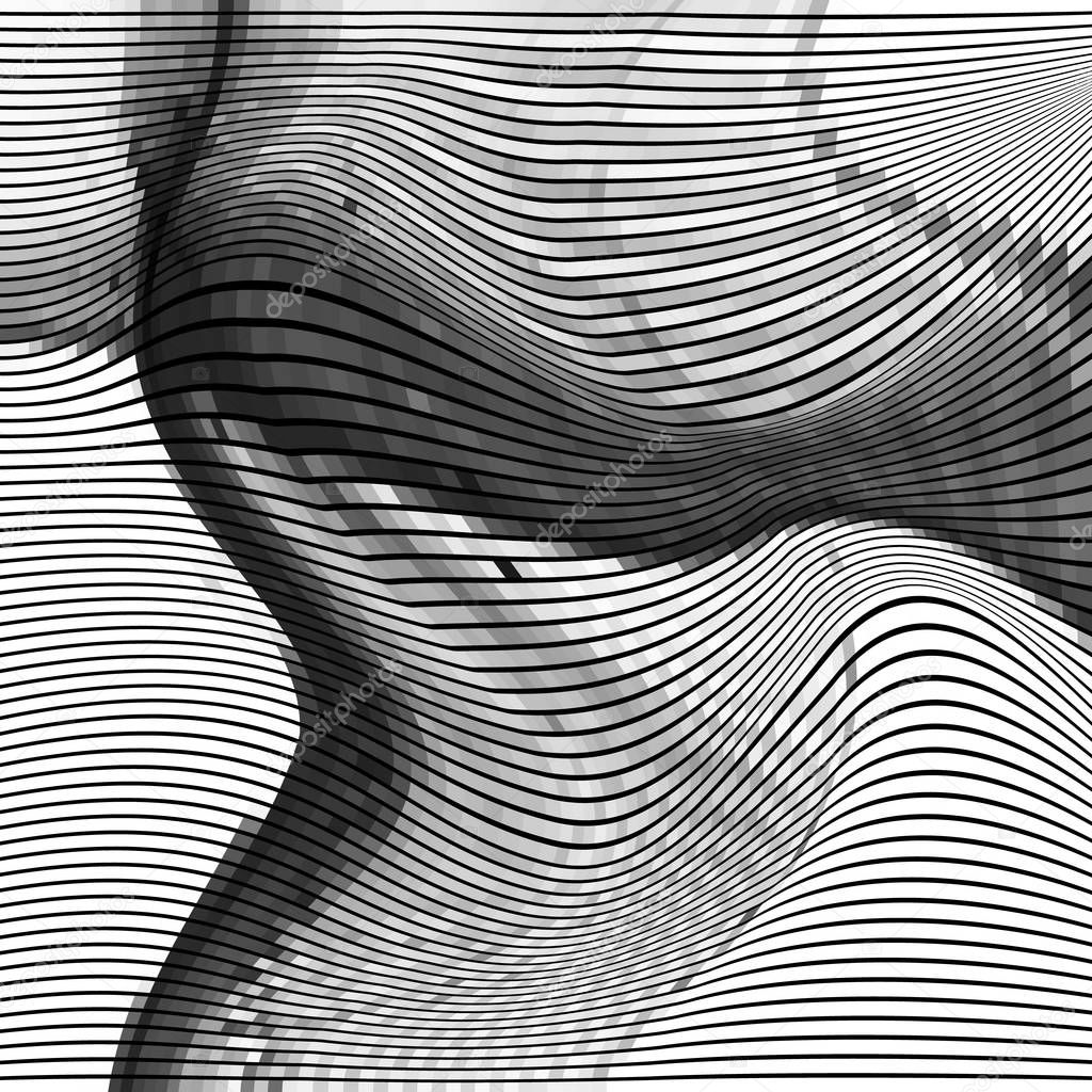 Glitch abstract background with distortion effect, bug, error, random wave black and white, monochrome lines for design concepts, posters, wallpapers, presentations and prints. Vector illustration.