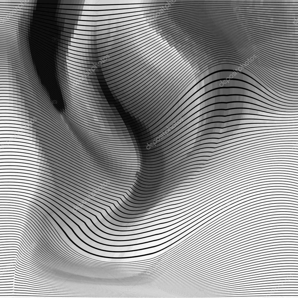 Glitch abstract background with distortion effect, bug, error, random wave black and white, monochrome lines for design concepts, posters, wallpapers, presentations and prints. Vector illustration.