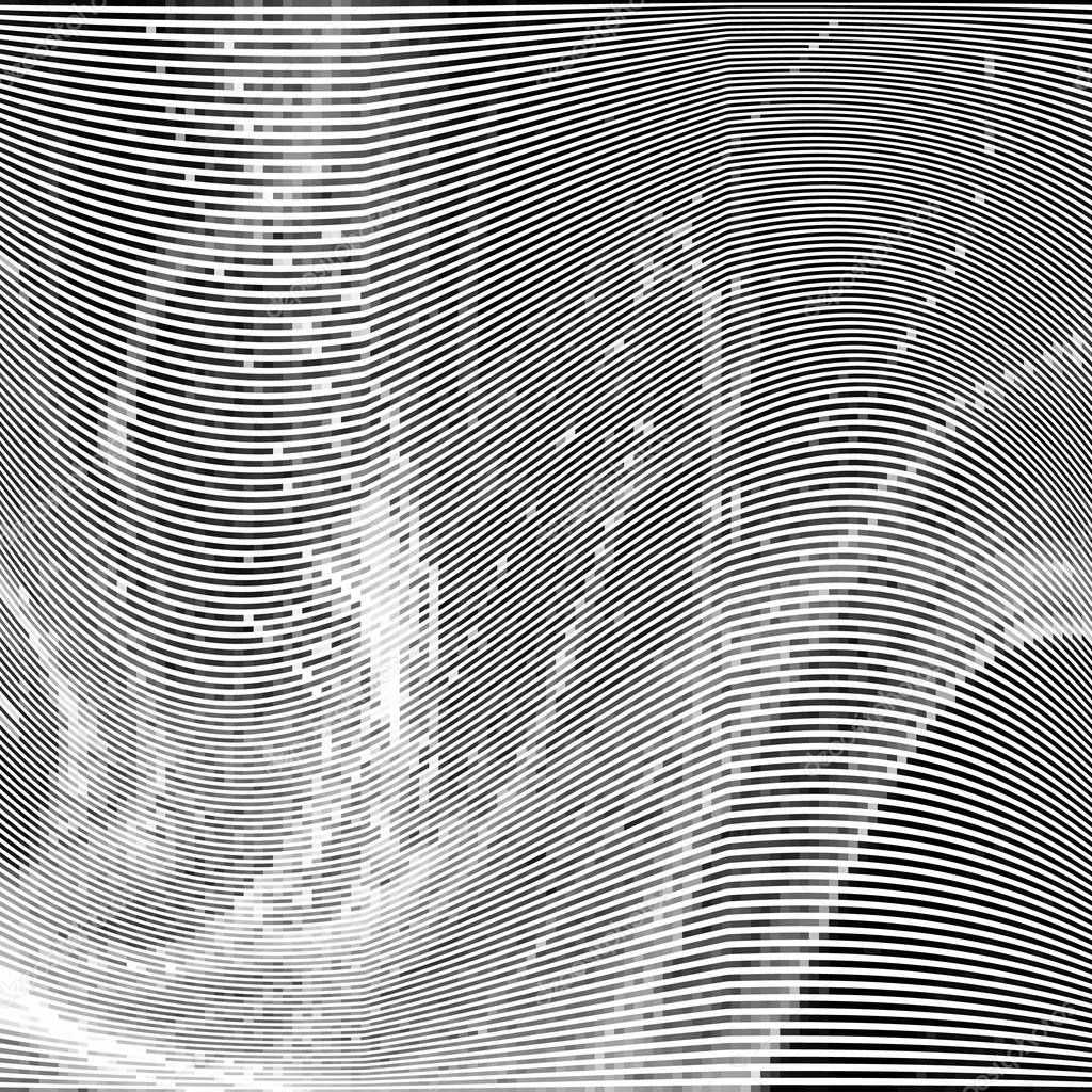 Glitch abstract background with distortion effect, random wave black and white, monochrome lines for design concepts, posters, wallpapers, presentations and prints. Vector illustration.