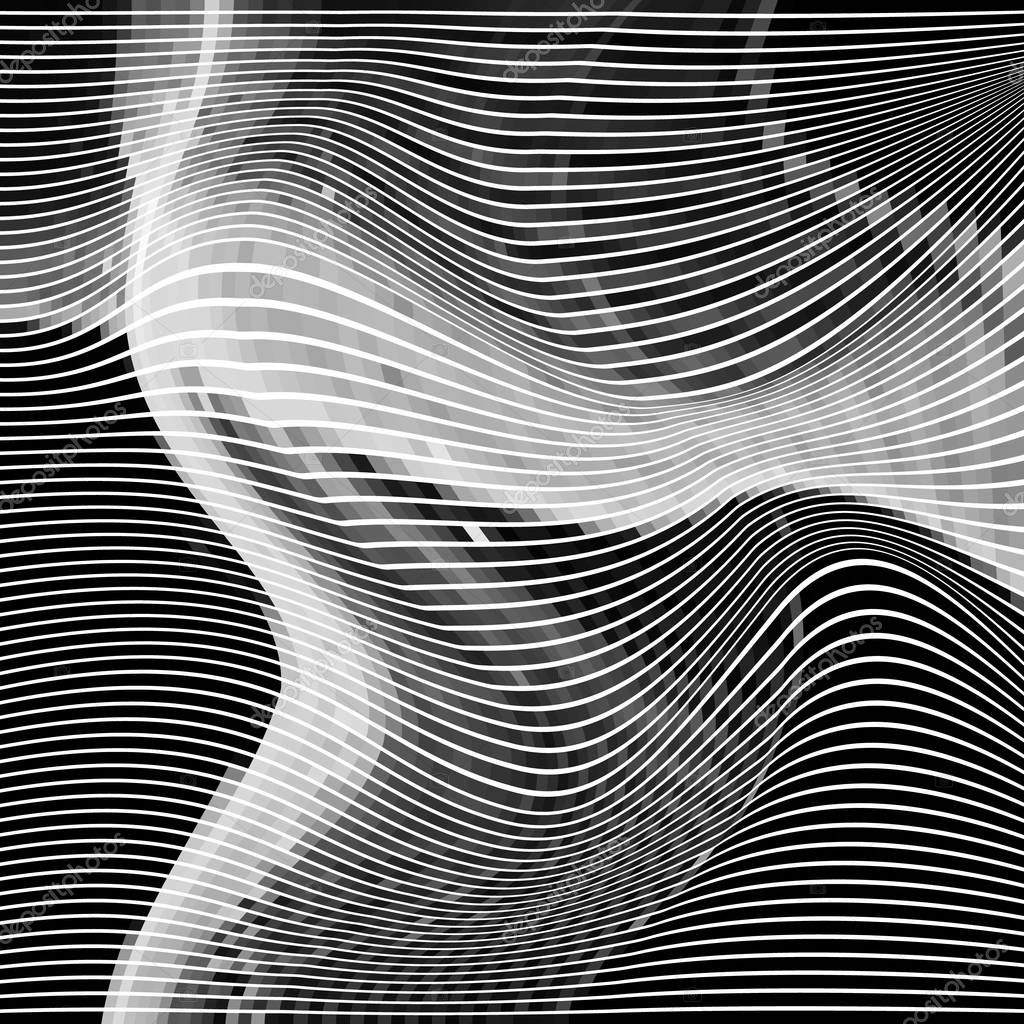 Glitch abstract background with distortion effect, random wave black and white, monochrome lines for design concepts, posters, wallpapers, presentations and prints. Vector illustration.