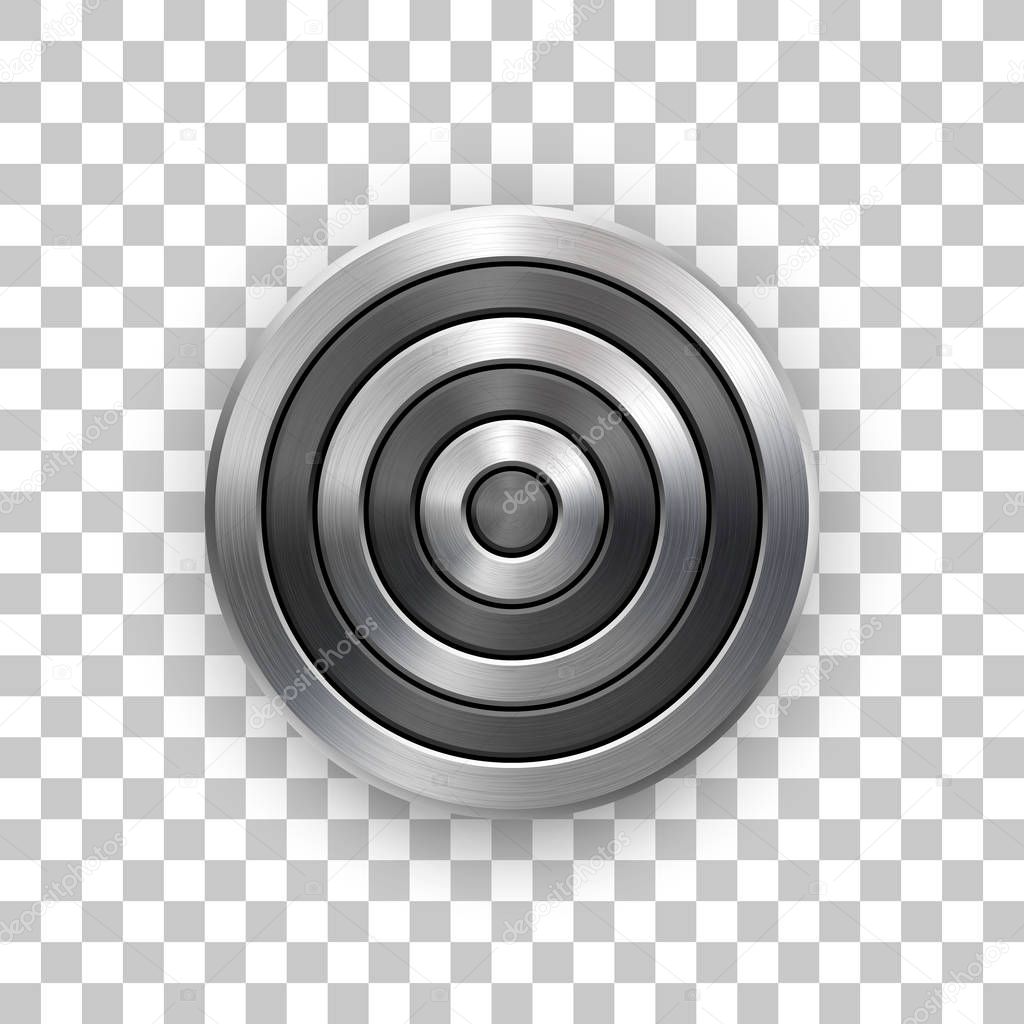 Abstract circle geometric badge, technology perforated button template with metal texture, chrome, silver, steel and realistic shadow for logo, design concepts, interfaces, apps. Vector illustration.