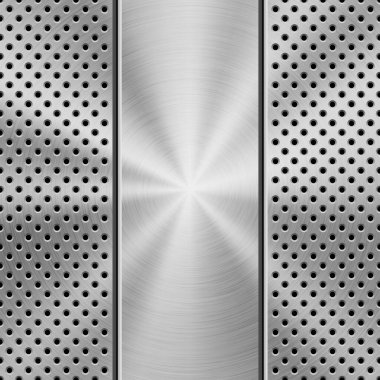 Metal desenli arka plan, rendelenmiş desenli, dairesel cilalı, eşmerkezli doku, krom, çelik, gümüş. Vektör illüstrasyonu.