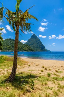 Paradise beach at Soufriere Bay with view to Piton at small town Soufriere in Saint Lucia, Tropical Caribbean Island. clipart