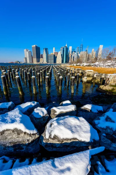 Lower Manhattan Skyline Panorama Okresie Zimowym Śniegu New York City — Zdjęcie stockowe