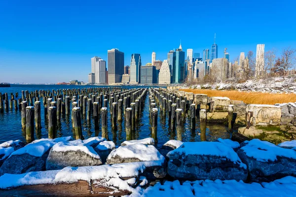 Aşağı Manhattan Skyline Panorama Karlı Kış Zamanında New York City — Stok fotoğraf