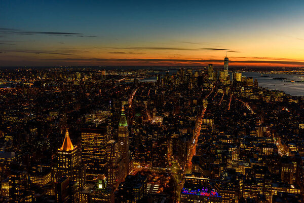 Manhattan downtown skyline with skyscrapers at twilight, New York City, USA.