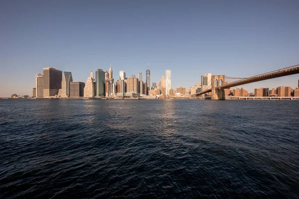 Brooklyn Köprüsü Aşağı Manhattan Skyline Panorama Üzerinden Brooklyn Bridge Park — Stok fotoğraf