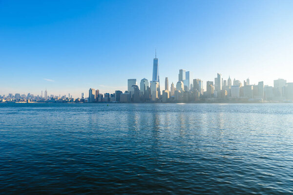 Panoramic view to New York, Manhattan over Hudson river from Liberty State Park in wintertime, New Jersey, USA.
