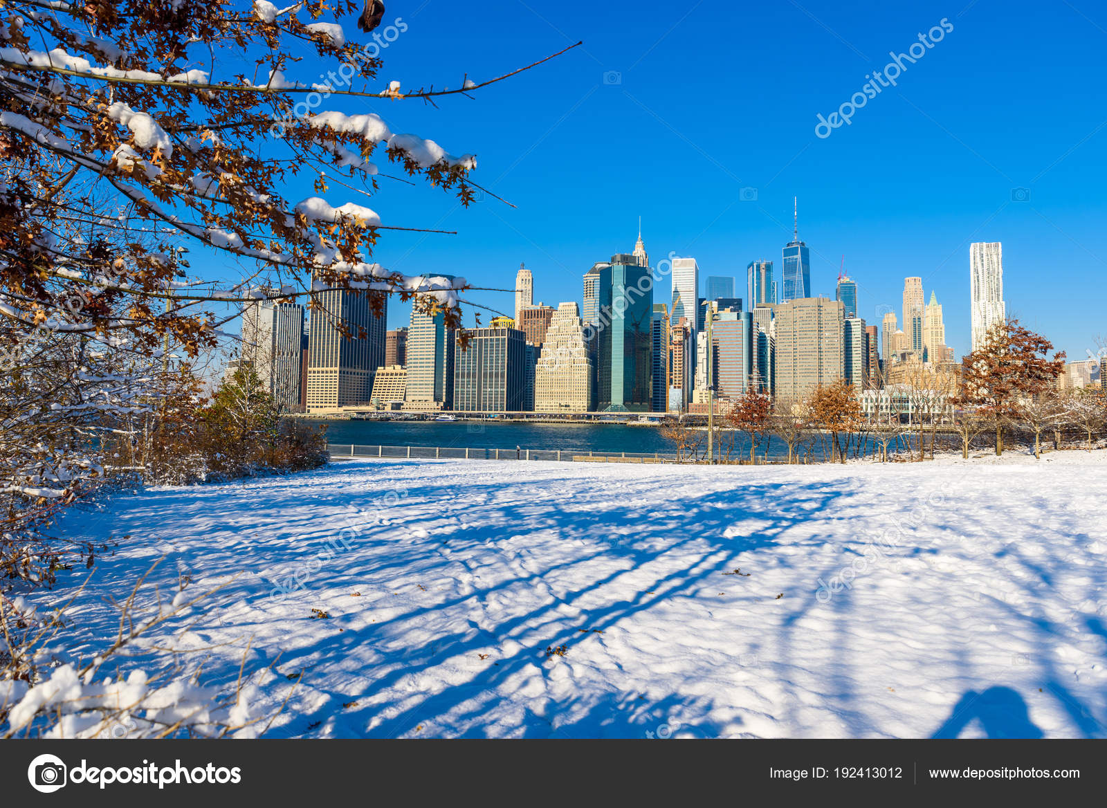 曼哈顿下城地平线全景在下雪的冬天时间纽约市——图库图片© SimonDannhauer #192413012