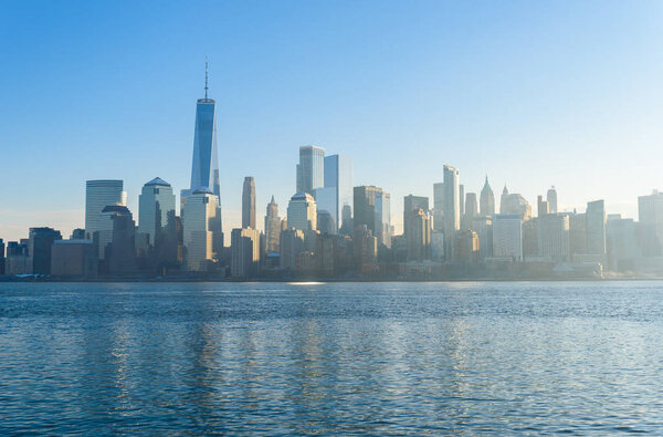 Panoramic view to New York, Manhattan over Hudson river from Liberty State Park in wintertime, New Jersey, USA.