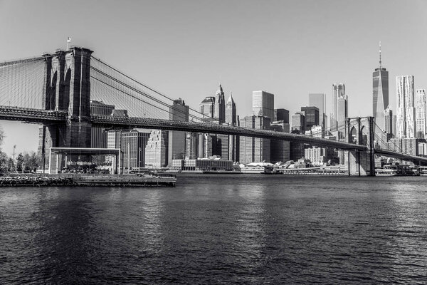 Black and white panorama of Lower Manhattan Downtown, New York City, USA