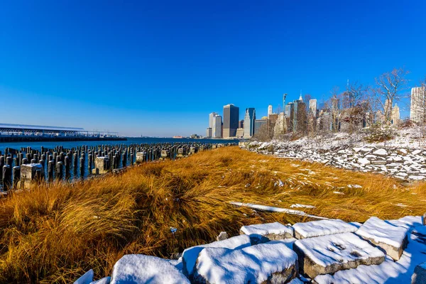 Aşağı Manhattan Skyline Panorama Karlı Kış Zamanında New York City — Stok fotoğraf