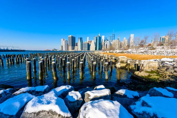 Lower Manhattan Skyline Panorama Okresie Zimowym Śniegu New York City — Zdjęcie stockowe