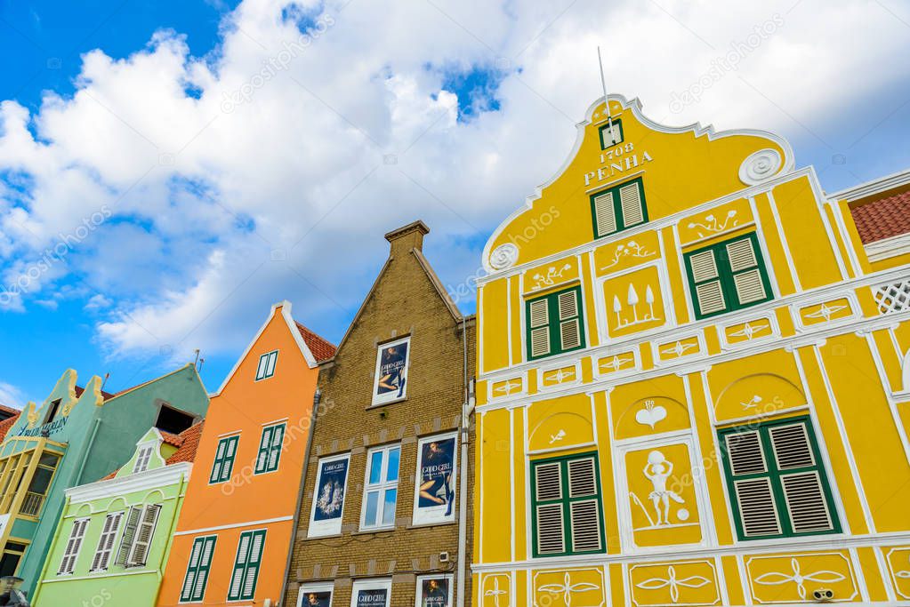 Bottom view of colorful buildings in Willemstad downtown, Curacao, Netherlands Antilles.