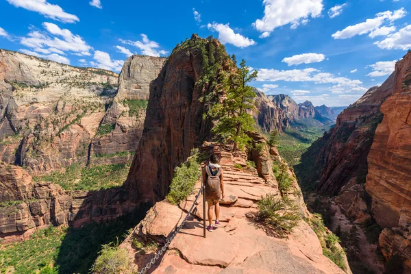 Pohled Zezadu Žena Chůze Pěšky Ridge Zion National Park Utah — Stock fotografie