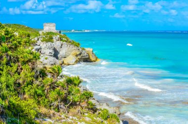 Maya harabelerini tropikal sahilinde bir tulum. Tanrı, rüzgarlar tapınakta Cennet plaj. Tulum, Quintana Roo, Meksika Maya harabelerini.