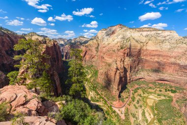 Zion Canyon, Virgin river, melekler açılış iz, Zion National Park, Utah, Amerika ile geniş açı panorama görünümünü.