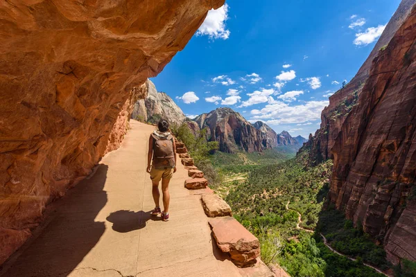 Rear View Woman Hiking Angels Landing Trail Zion Canyon Utah — Stock Photo, Image