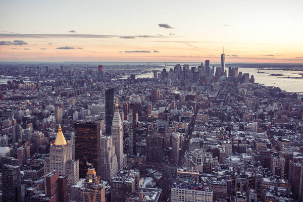 New York City - Manhattan downtown skyline skyscrapers at night and twilight. USA.
