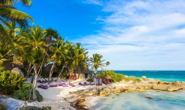 Tulum, Meksika, Karayipler deniz paradise beach Resort turkuaz suları ile eğlence.