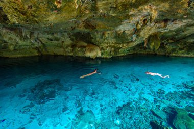 Hipotermik Dos Ojos Quintana Roo, Meksika için. Yüzme ve şnorkel masmavi suda insanlar. Bu hipotermik Tulum, Meksika Yucatan Yarımadası'nda yakınında bulunuyor.