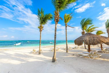 Akumal plaj tekne ve turistler, Meksika.