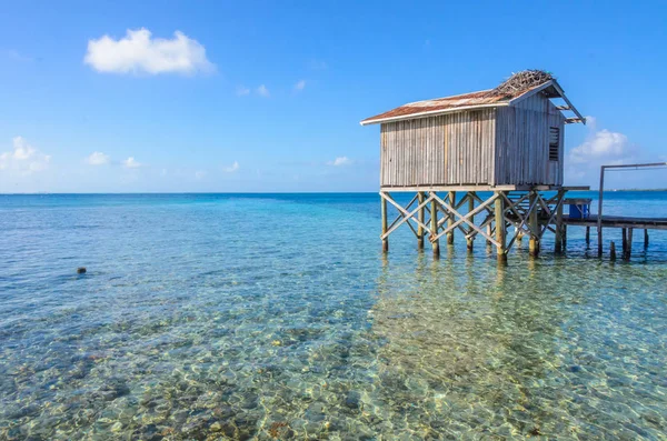 Caye 在大堡礁的小热带岛屿上的小屋与天堂海滩 加勒比海 伯利兹 中美洲 — 图库照片