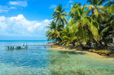 Tütün Caye - Barrier Reef ile Cennet plaj, Karayip Denizi, Belize, Orta Amerika, küçük tropik adada ahşap iskele.