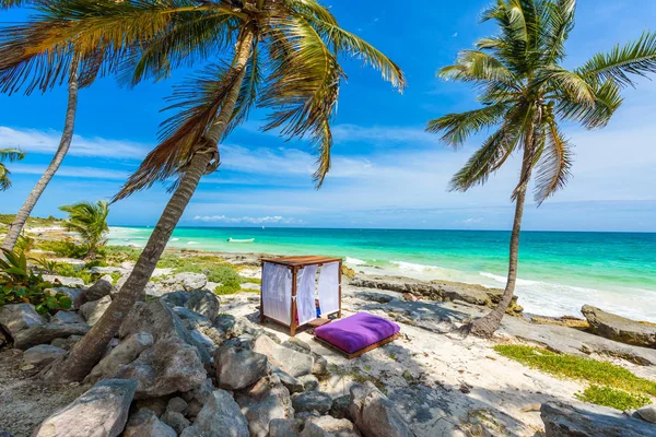 Camas Playa Bajo Palmeras Playa Paradisíaca Resort Tropical Costa Caribeña — Foto de Stock