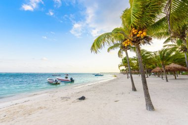 Akumal plaj tekne ve turistler, Meksika.