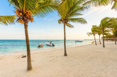 Akumal plaj tekne ve turistler, Meksika.