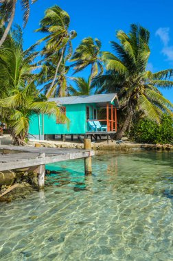 Tütün Caye - bungalov Barrier Reef ile Cennet plaj, Karayip Denizi, Belize, Orta Amerika, küçük tropik adada