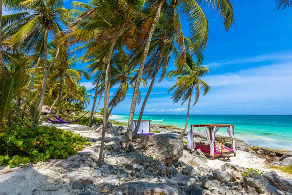 Beach Beds Palm Trees Paradise Beach Tropical Resort Riviera Maya — Stock Photo, Image