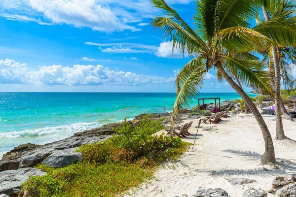 Židle Pod Palmami Paradise Beach Tropickým Letoviskem Quintana Roo Mexiko — Stock fotografie