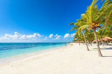 Akumal plaj tekne ve turistler, Meksika.
