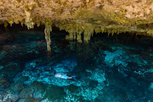 Cenote Dos Ojos Quintana Roo México Gente Nadando Buceando Aguas — Foto de Stock