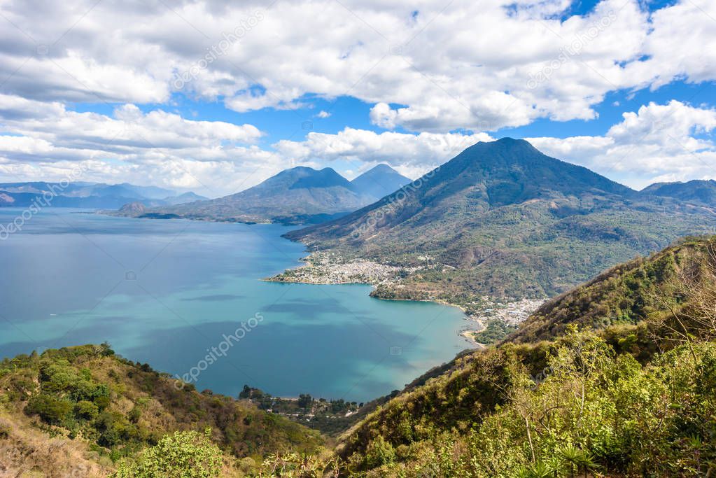 Viewpoint at lake Atitlan with three volcanos San Pedro, Atitlan and Toliman, Guatemala.